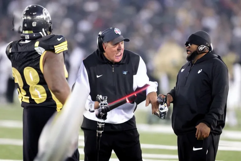 Prompt: Coach Belichick and coach Tomlin fighting with lightsabers on a football field, golden hour