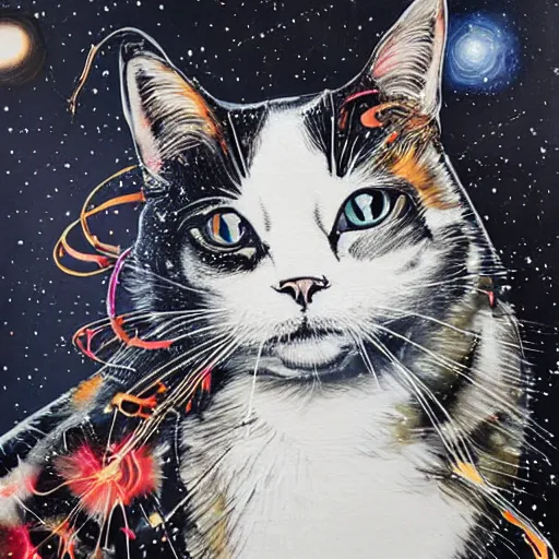 Image similar to a painting of a black and white cat in a cosmic scenic environment by sandra chevrier, hyperdetailed