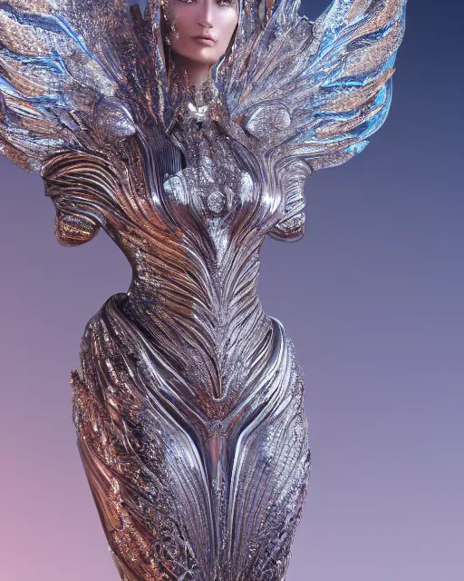 Image similar to a highly detailed metahuman 4 k close up render of an alien goddess bella hadid monument renaissance in iris van herpen dress schiaparelli in diamonds crystals swarovski and jewelry iridescent in style of alphonse mucha gustav klimt trending on artstation made in unreal engine 4