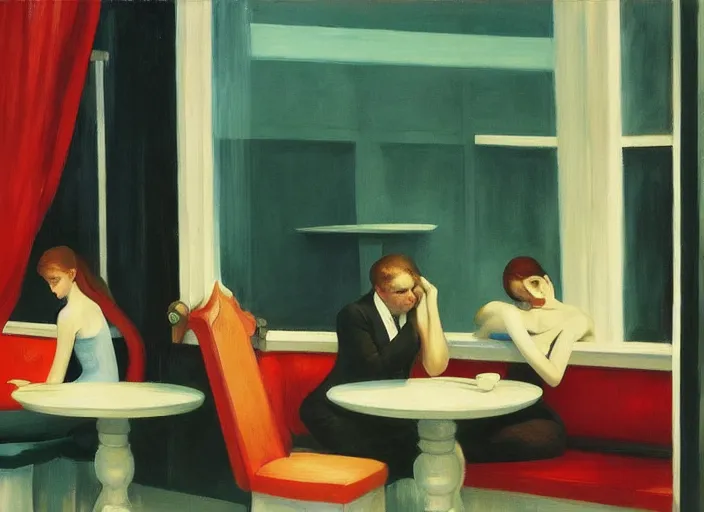 Image similar to realistic lovers collapsed in a the cafe void, curtains, spasms, college girls, couches melting, painted by Edward Hopper, Ghenie, 8k