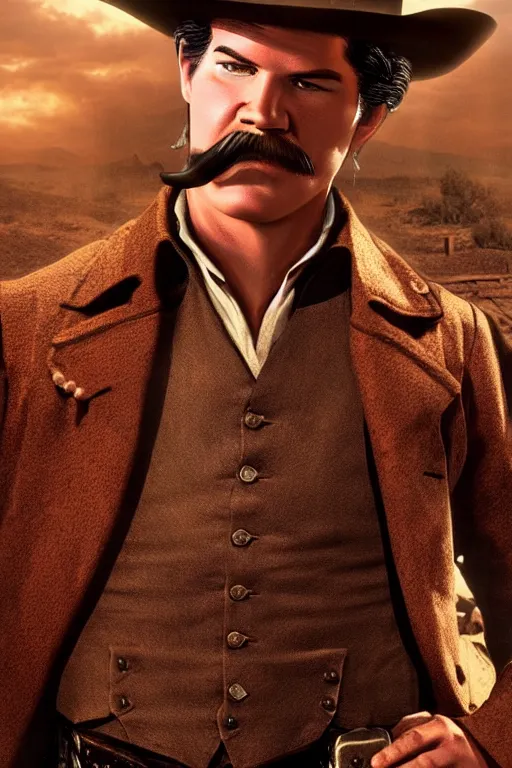 Image similar to highly photorealistic render of young val kimer as wyatt earp from tombstone set against a western town, intricate detail, attention to details, realistic color scheme, volumetric lighting