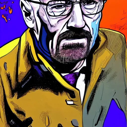 Prompt: precisely drawn illustration of Walter White blended with Boris Johnson, wide angle, sharp, fine details, French comic style, vibrant realistic colors, full color, heroic fantasy, intense line art, 8k, precise linework, realistic, in the style of Heavy Metal Comics and Richard Corben and Moebius