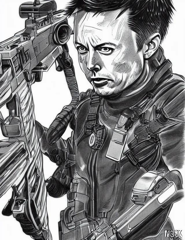 Prompt: a detailed manga illustration of elon musk in tactical gear, trending on artstation, digital art, 4 k resolution, detailed, high quality, sharp focus, hq artwork, coherent, insane detail, character portrait