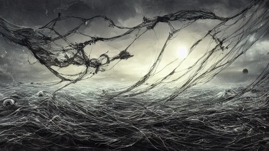 Image similar to Thousands of dead fish in space, fish hooks, seaweed, highly detailed, yuumei, Adam duff lucidpixul, natural lighting, dark atmosphere, digital painting, creepy and dark feelings, metal fishing hooks and nets everywhere, in the background there is an image of the earth dying