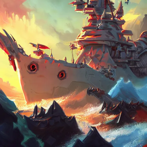 Prompt: arcane - style giant battleship, fire cannons, fire cannons. spear and axes, blue sea waves background, bright art masterpiece artstation. 8 k, sharp high quality artwork, concept art by tooth wu, blizzard warcraft artwork, hearthstone card artwork