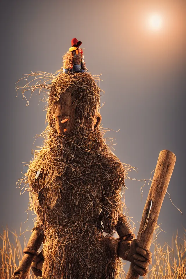 Image similar to beautiful octane render portrait of a big wooden scarecrow, floating particles, sparks, made of wood holding a very shiny metallic aluminium rustic axe, bokeh, soft focus, f 1. 8, unreal engine, particles, raytracing