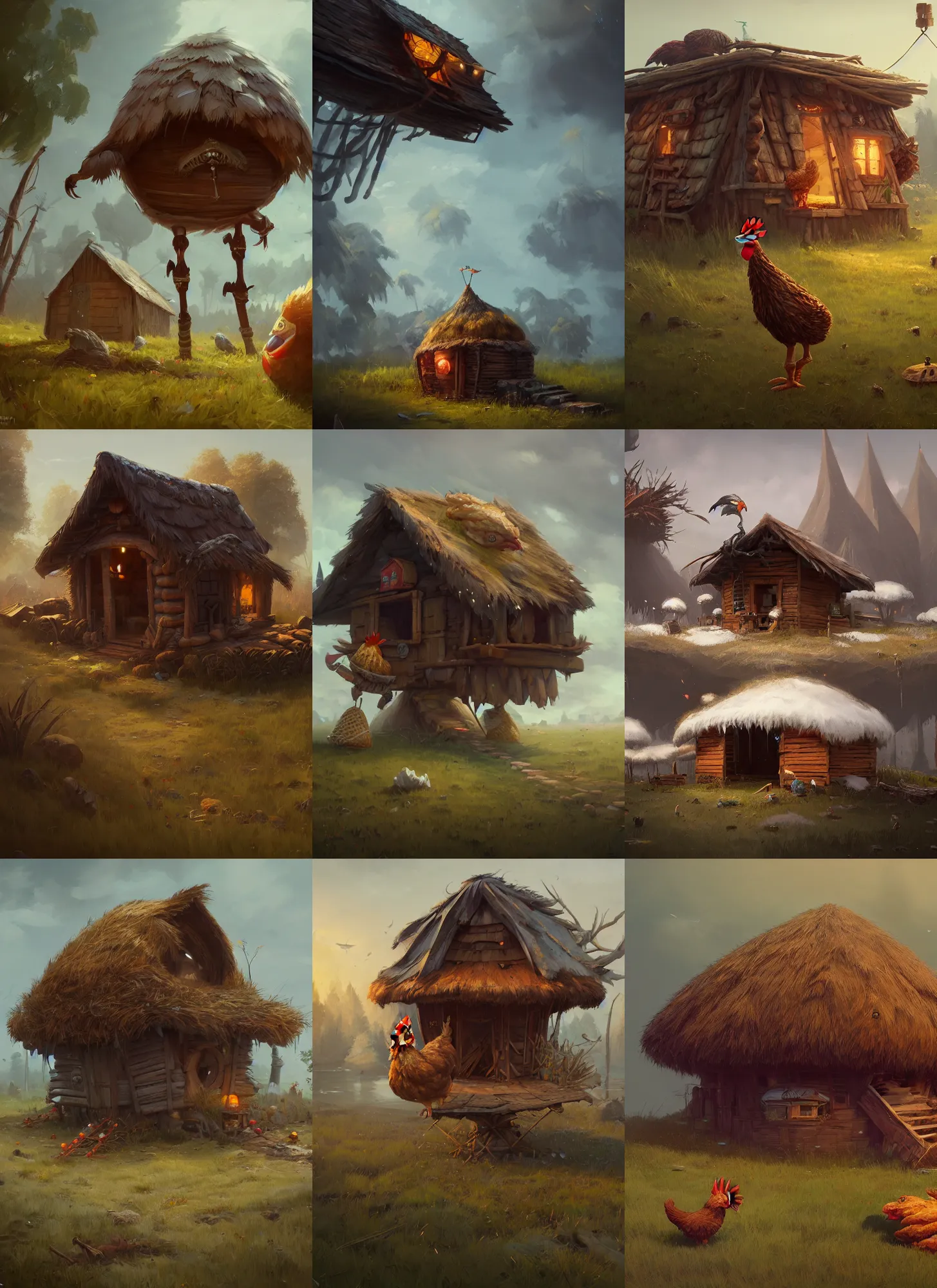 Prompt: hut with big chicken legs, greg rutkowski, zabrocki, karlkka, jayison devadas, trending on artstation, 8 k, ultra wide angle, zenith view, pincushion lens effect