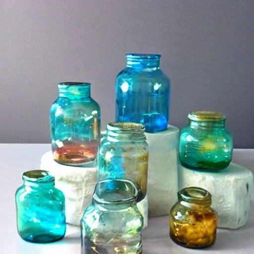 Prompt: 5 glass jars sitting on a table filled with galaxies