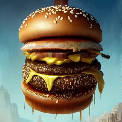 Prompt: a highly detailed epic cinematic digital painting artwork costume design: Willem Dafoe as a 1930s Detective eating a giant Big Mac Hamburger, voluptuous sesame seed bun, extra ketchup and pickles and onions . By Greg Rutkowski, Ilya Kuvshinov, WLOP, Stanley Artgerm Lau, Ruan Jia and Fenghua Zhong, trending on ArtStation, made in Maya and Photoshop, octane render, excellent composition, cinematic atmosphere, dynamic dramatic cinematic lighting, aesthetic, very inspirational, arthouse