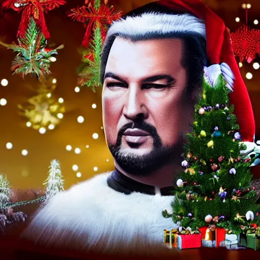 Prompt: highly detailed matte painting of steven seagal beneath a christmas tree, realistic,