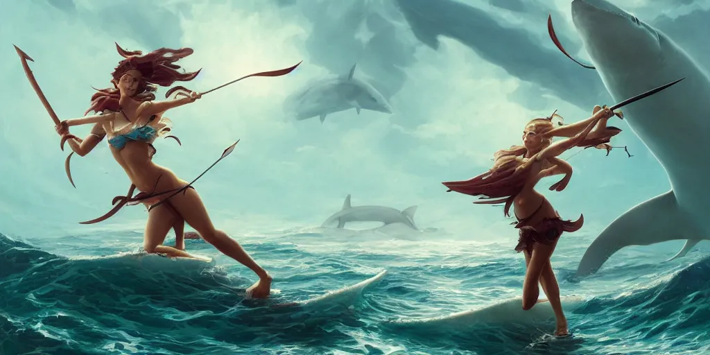 Image similar to close up of a beautiful shark tooth girl holding a trident on the horizon, model pose, slightly smiling, big wave, big blade whale fighting against thorn sharks on the background, fantasy illustrations, by peter mohrbacher and makoto shinkai and ferdinand knab