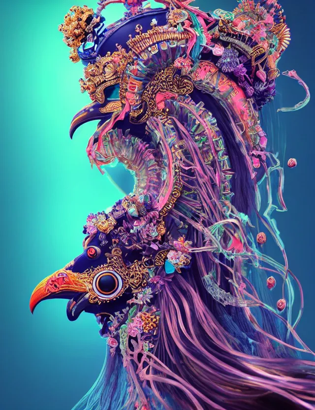 Image similar to 3 d goddess close - up profile portrait with crown, ram skull. beautiful intricately detailed neon japanese crow kitsune mask and clasical japanese kimono. betta fish, jellyfish phoenix, bio luminescent, plasma, ice, water, wind, creature, artwork by tooth wu and wlop and beeple and greg rutkowski