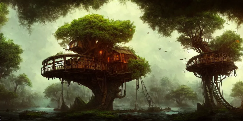 Image similar to A treehouse made out of a derelict pirate ship, the treetops of giant oaks, game art matte painting hyperdetailed, artstation, cgsociety, 8k, surreal dream landscape