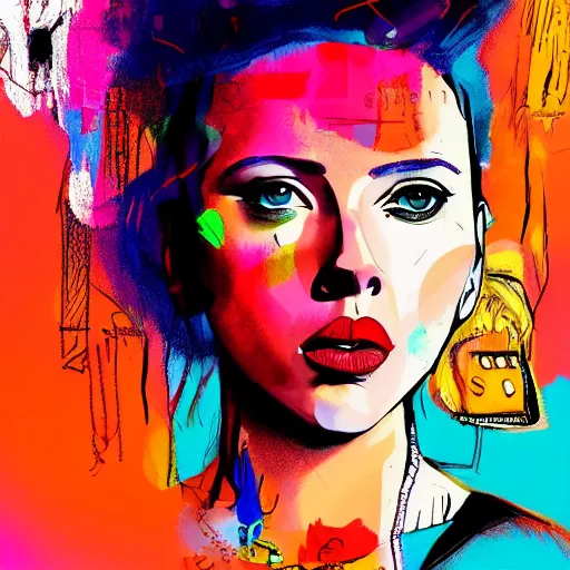 Prompt: colorful sketch, ultra detailed, fashion, magic, beautiful woman, kiss scarlett johansson, surreal decorations, in style of jean - michel basquiat, trending on artstation