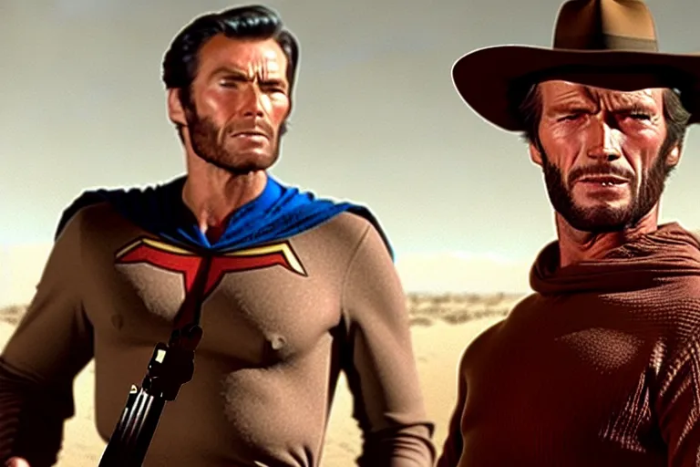 Image similar to clint eastwood as superman in the good the bad and the ugly