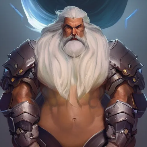 Prompt: science-fiction utopian character portrait of a huge muscular tall giant Reinhardt from Overwatch, long white hair and beard, intricate, wild, highly detailed, digital painting, artstation, upper body, concept art, smooth, sharp focus, illustration, art by artgerm and greg rutkowski and alphonse mucha