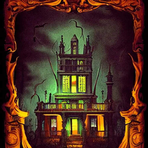 Image similar to haunted mansion, digital art, artstation, concept art, vintage pulp art