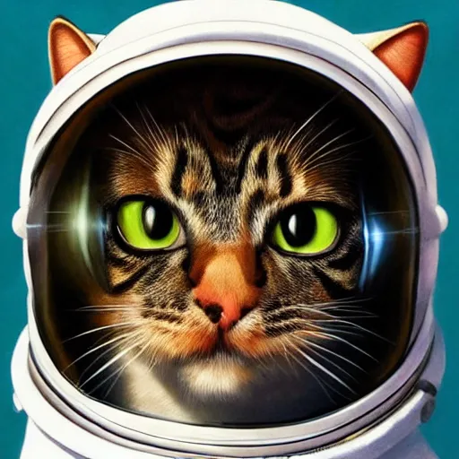 Image similar to head and shoulders masterpiece portrait of a cute adorable cat wearing a spacesuit, surreal background, digital art by krenz cushart, trending on artstation, cgsociety,