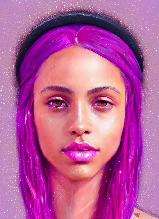 Image similar to portrait of teenage vanessa morgan with bright pink hair, vanessa morgan, curly pixie cut hair, wearing a purple breton cap, breton cap, hoop earrings, intricate, elegant, glowing lights, highly detailed, digital painting, artstation, concept art, smooth, sharp focus, illustration, art by wlop, mars ravelo and greg rutkowski