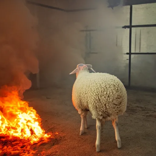 Prompt: a sheep in a burning room, DSLR photo