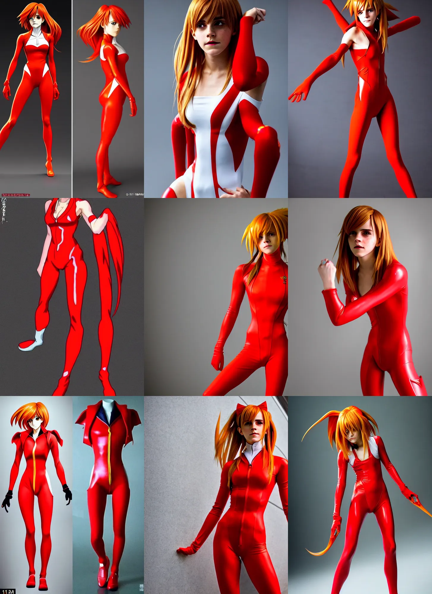 Prompt: attractive Emma Watson cosplaying as classic Asuka Langley!!! in her signature red plugsuit , photorealistic perfect body, 90 60 90 , hourglass! slim figure , full body zenkai! Asuka suit , solo photoshoot , DSLR , wallpaper , cosplay , full body , cinematic 4K blu-ray , japanese DC live-action movie