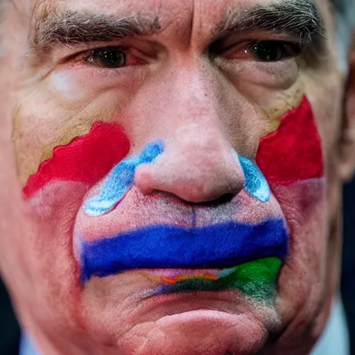 Image similar to Jerome Powell with colorful clown makeup all over his face