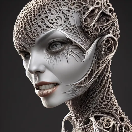 Image similar to beatifull frontal face portrait of a woman, biomechanical sculpture, mandelbrot fractal, intricate, elegant, highly detailed, ornate, elegant , luxury, beautifully lit, ray trace, octane render in the style of Gerald Brom and James gurney