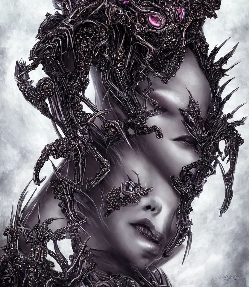 Image similar to close up portrait on the enchanting femenine queen of the zerg, hyper attractive, seductive, very complex, hyper-maximalist, overdetailed, legendary cinematic, darkfantasy, archetype with timeless beauty breathtaking eyes, her spider like legs spread evenly around her framing the image, collossal alien ship in the sky behind her, highly intricate, digital art, very elegant, HDR 8K, biblical art, realism, incomprehensible yet perspicious detail, unbeatable quality, silent hill aesthetic, photorealistic, lifelike, DSLR 8k, unbeatable coherency, Omnious intricate, octane render, created Nixeu & z--ed from deviantart