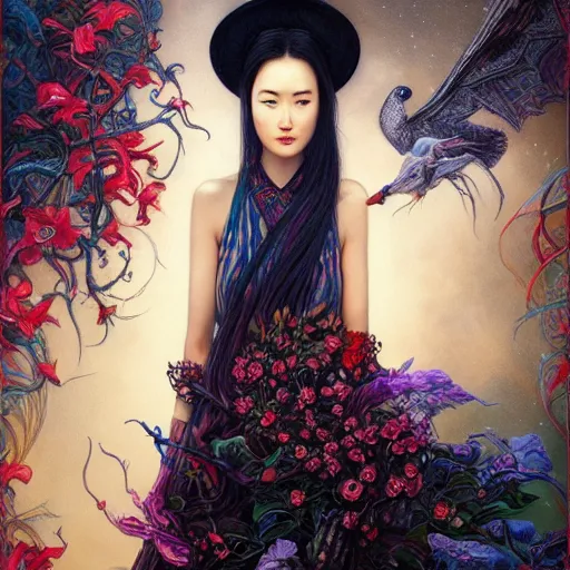 Image similar to portrait of liu yifei, hyper detailed masterpiece, neon floral pattern, jean giraud, digital art painting, darkwave goth aesthetic, psychedelic, artgerm, donato giancola and tom bagshaw