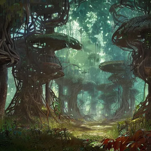 Image similar to concept art painting of a forest with treehouses made of trees and roots, doors and windows inside trees, vines, deep forest, realistic, detailed, cel shaded, in the style of makoto shinkai and greg rutkowski and james gurney