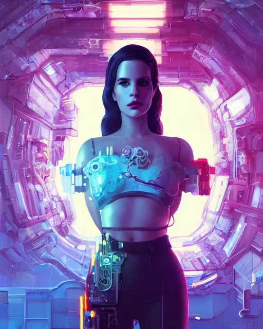 Image similar to portrait of lana del rey as a cyberpunk cyborg. roses, sci - fi, missing panels, intricate abstract, upper body, intricate artwork, by tooth wu, wlop, beeple, dan mumford. concept art, 8 k octane render, deviantart, greg rutkowski, cinematic, key art, hyperrealism, iridescent accents