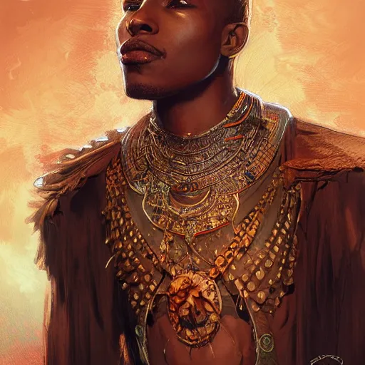 Image similar to an african celestial prince (black boy toddler), kemetic, D&D, fantasy, intricate, elegant, highly detailed, digital painting, artstation, concept art, matte, sharp focus, illustration, art by Artgerm and Greg Rutkowski and Alphonse Mucha