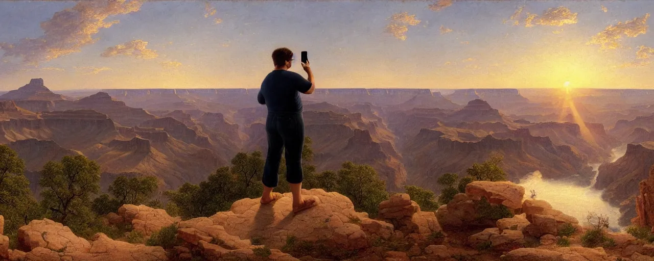 Image similar to romantic painting, wide shot of a chubby man in wearing a t - shirt and jorts ( looking at his cellphone )!!!!!! in front of a the grand canyon at sunrise, highly detailed, sublime, hyperrealistic, painted by caspar david friedrich and albert bierstadt, trending on artstation 8 k