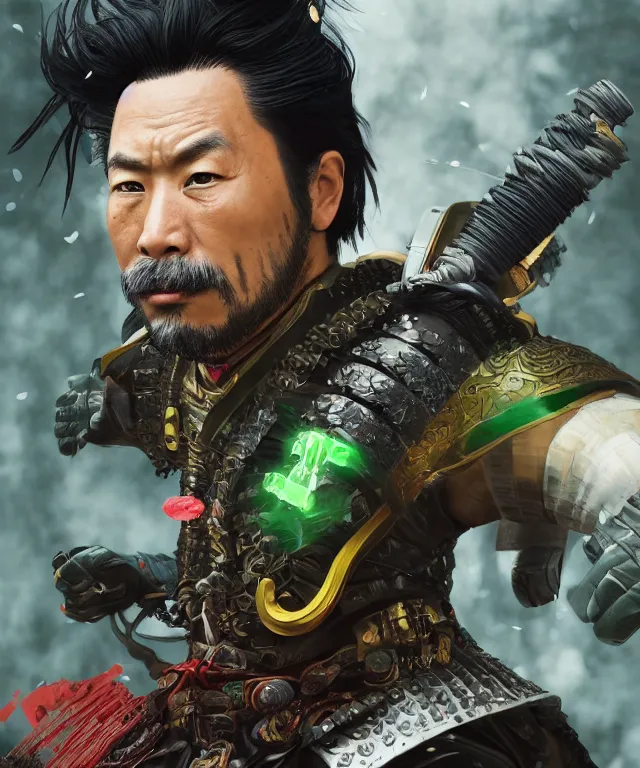 Image similar to an epic fantastic realism comic book style portrait painting of a japanese samurai, male with black hair and a green belt, apex legends, octane render, intricate detail, 4 k hd, unreal engine 5, ex machina, irobot