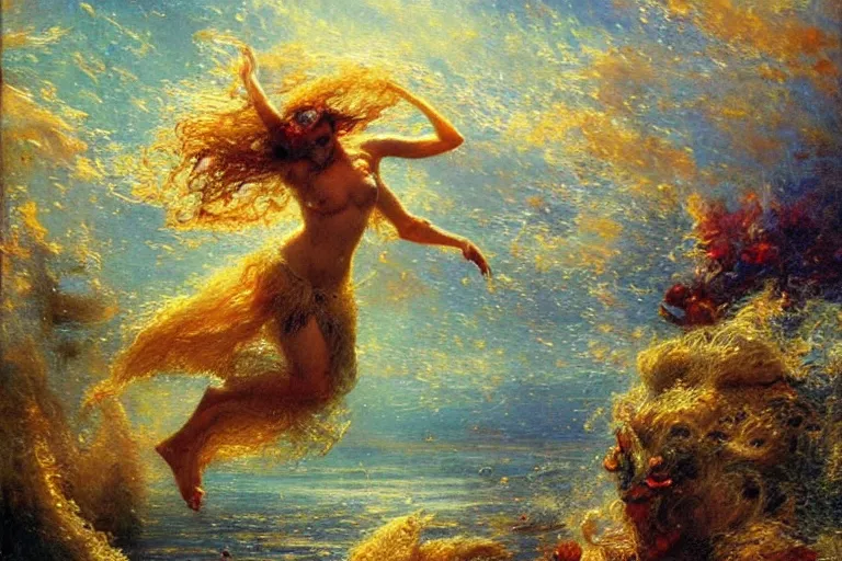 Prompt: portrait of goldfishes swarming the ocean. shadow and light. rays of light. energetic, dynamic, lively, detailed, intricate, complex. fine art by gaston bussiere.