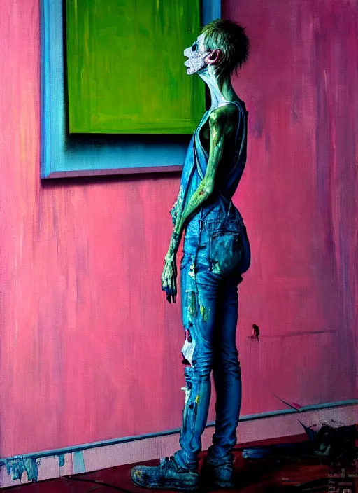 Image similar to an insane, skinny, artist wearing dirty, torn overalls, expressive painting the walls inside a grand messy studio, depth of field, hauntingly surreal, highly detailed painting by francis bacon, edward hopper, adrian ghenie, glenn brown, soft light 4 k in pink, green and blue colour palette, cinematic composition, masterpiece