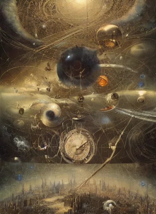 Image similar to the invention of time in intergalactic space, modern fine art, fractal, intricate, elegant, highly detailed,, by jheronimus bosch and greg rutkowski,
