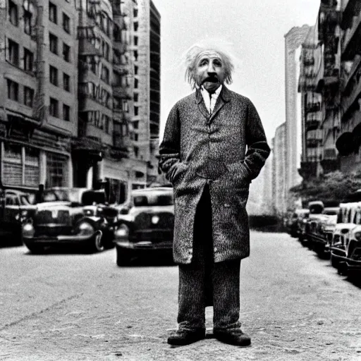 Image similar to einstein standing alone in a scifi city, robots, photograph