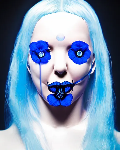 Image similar to symmetrical close - up portrait of a woman wearing a translucent silicone beauty mask and blue hair, wearing a black bodysuit by alexander mcqueen, plastic translucent flowers, black background, soft diffused light, biotechnology, humanoide robot, bjork aesthetic, translucent, intricate details, highly detailed, masterpiece,