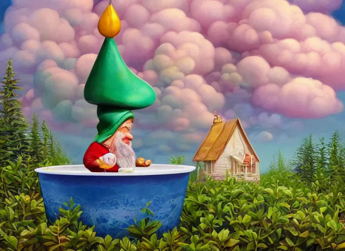 Image similar to a garden gnome sailing in a bucket, whimsical background of a reflective pond on a sunny day with dramatic clouds, an ultrafine detailed painting by mark ryden, trending on deviantart, pop surrealism, whimsical, lowbrow, joyous, perfect symmetrical face