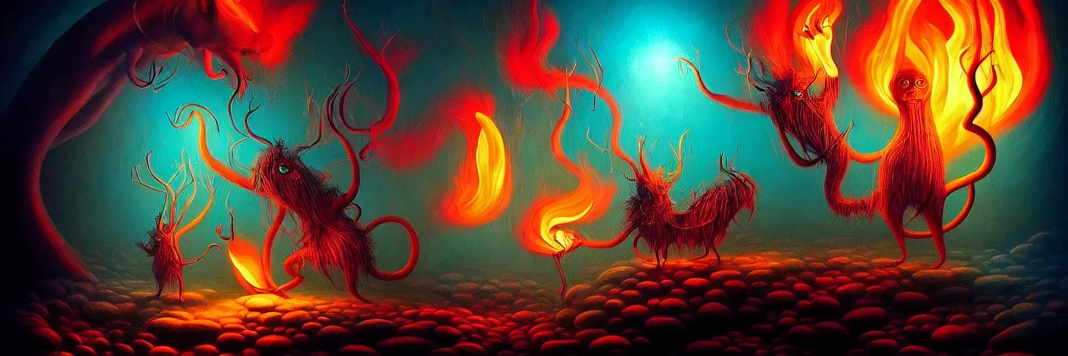 Image similar to whimsical creature freaks from the depths of the collective unconsciouis, dramatic lighting from fire glow, surreal darkly colorful painting by ronny khalil