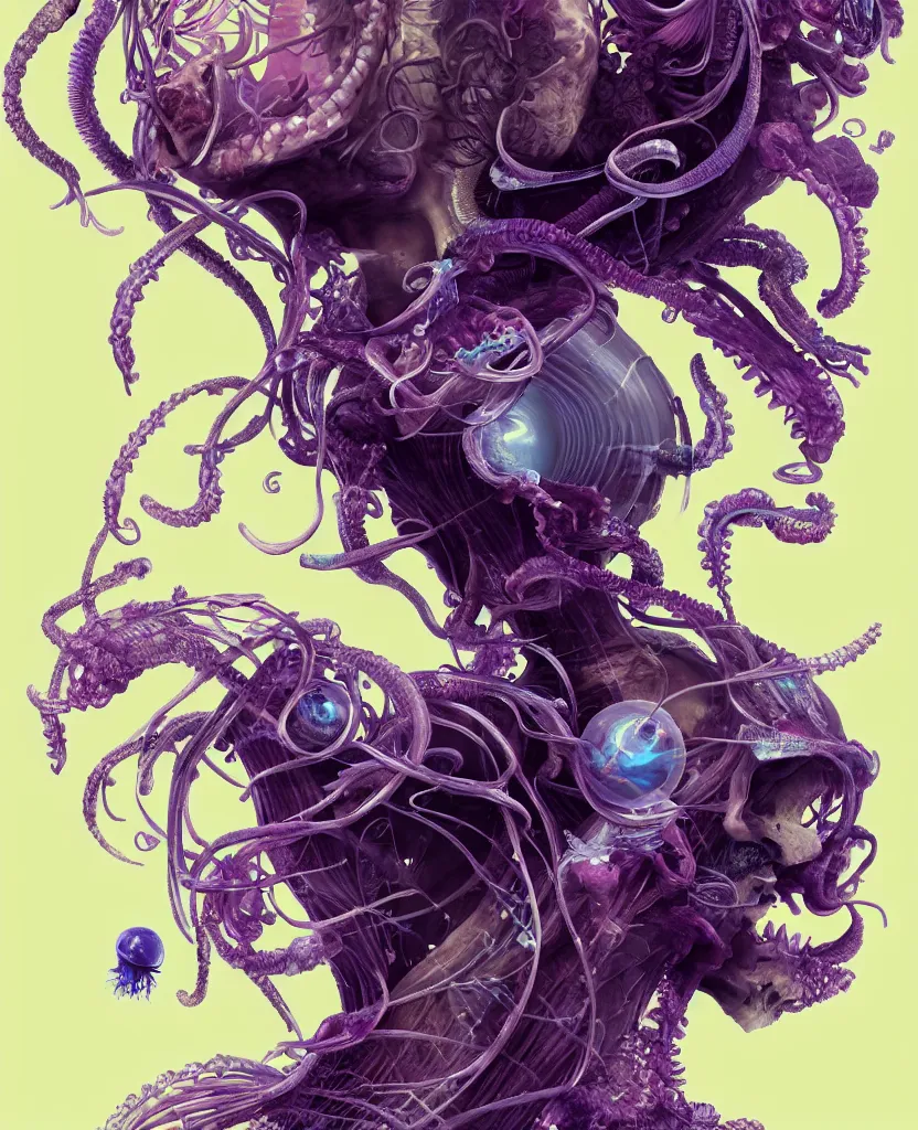 Image similar to goddess close-up portrait ram skull, thorax, x-ray, backbone, jellyfish phoenix head, nautilus, orchid, skull, betta fish, bioluminiscent creatures, intricate artwork by Tooth Wu and wlop and beeple. octane render, trending on artstation, greg rutkowski very coherent symmetrical artwork. cinematic, hyper realism, high detail, octane render, 8k