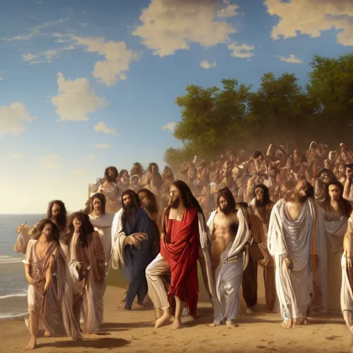 Prompt: an extremely detailed matte painting of a ridiculously good looking jesus that looks like a jewish gigachad with his 1 2 apostle entourage droing keg stands, long curly hair, elegant ancient greek dress, very detailed, windy beach, beautiful, intricate, cinematic, artstation, william bouguereau, alphonse mucha, greg rutkowski, rossdraws, octane render