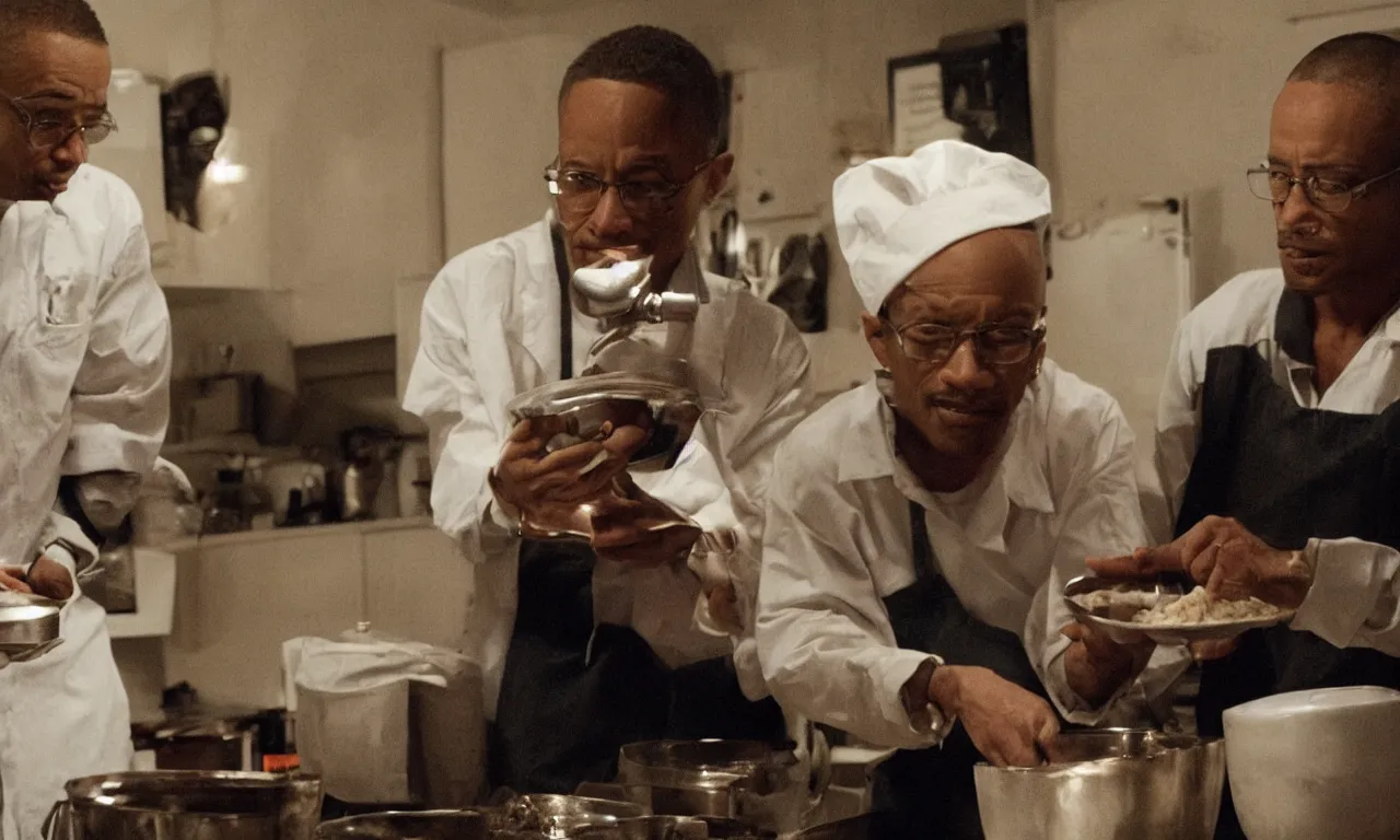 Image similar to a jesse pinkman cook gus fring head soup for walter white, a still shot from breakingbad