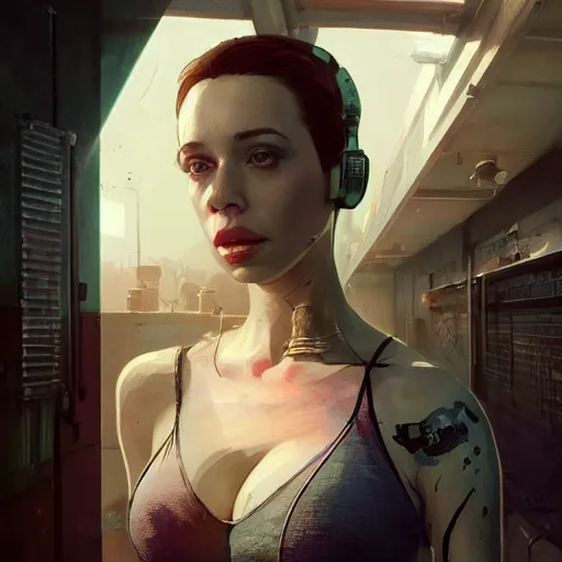 Image similar to highly detailed upper body portrait christina hendricks wearing a croptop cyberpunk clothed in gta v, stephen bliss, unreal engine, fantasy art by greg rutkowski, loish, rhads, ferdinand knab, makoto shinkai and lois van baarle, ilya kuvshinov, rossdraws, tom bagshaw, global illumination, radiant light, detailed and intricate environment