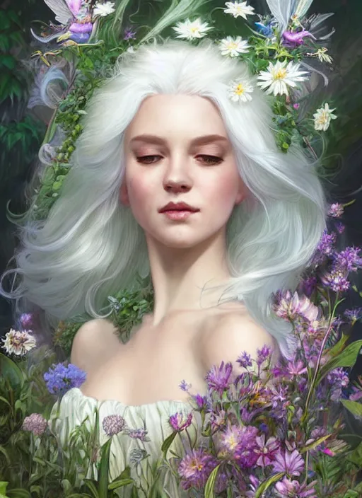 Image similar to a beautiful white haired woman as a fairy princess in a garden holding a bunch of wild flowers, deep focus, d & d, fantasy, intricate, elegant, highly detailed, digital painting, artstation, concept art, matte, sharp focus, illustration, hearthstone, art by artgerm and greg rutkowski and alphonse mucha