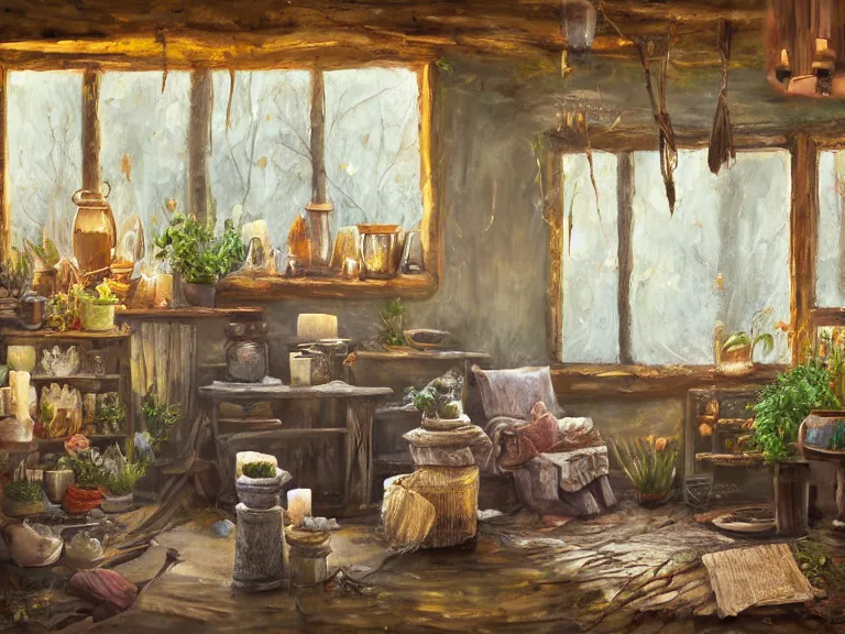 Image similar to expressive rustic oil painting, interior view of a cluttered herbalist cottage, waxy candles, wood furnishings, herbs hanging, light bloom, dust, ambient occlusion, rays of light coming through windows, dim lighting, brush strokes oil painting