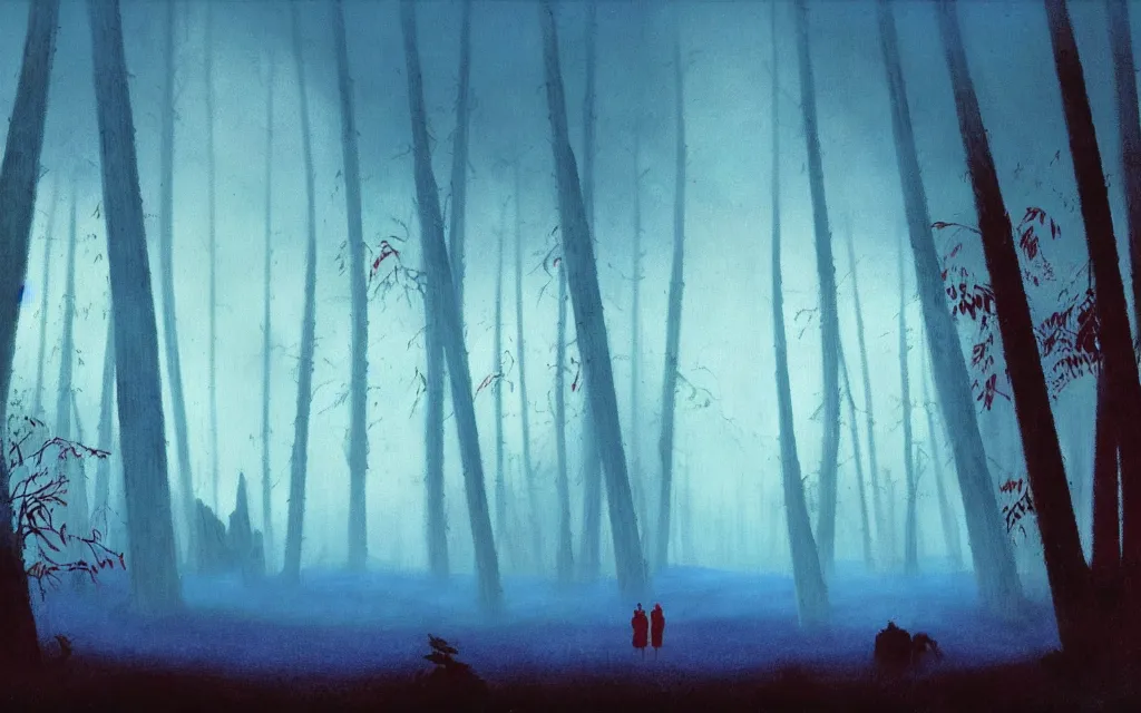 Prompt: red alert in the blue forest, atmospheric, mysterious, mist, high detail, concept art, by tove jansson and john harris