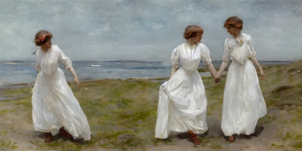 Prompt: a young edwardian woman wearing a white dress on a beach in Sweden, holding hands with another young edwardian woman, in the style of Anders Zorn