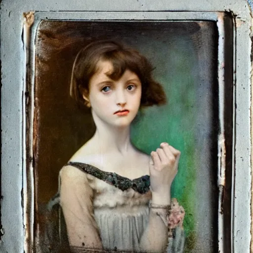 Image similar to a beautiful young lady with huge bright silver eyes, colored vintage daguerreotype by pontormo, by gustave moreau, by Mackintosh, by schiele, art noveau, highly detailed, strong lights, liminal, eerie, Bright pastel colors